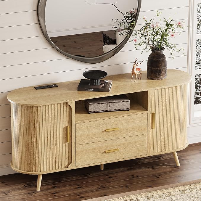 60" Sideboard Buffet Cabinet with Storage, Sliding Door & Adjustable Shelf, Modern Credenza with 2 Drawer, Accent Sideboard Coffee Bar Console Table for Kitchen, Entryway and Living Room