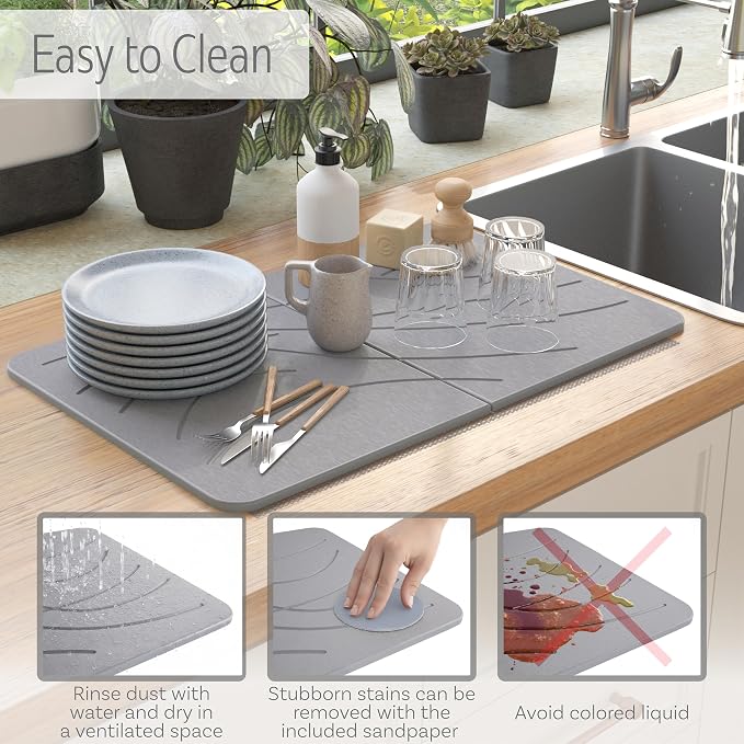LARGE | PREMIUM | Stone Dish Mat + Bamboo Rack | 24ā x 16ā | Foldable (Light Gray)