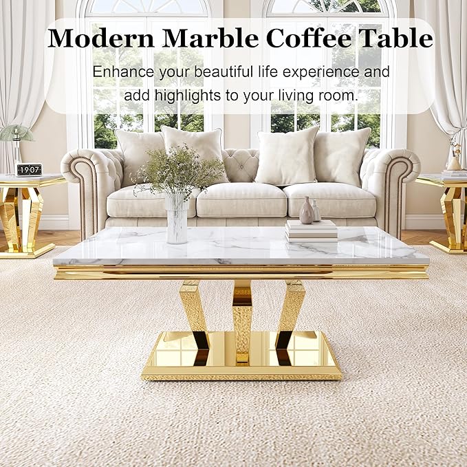 Modern Marble Coffee Table, 47" Living Room Table with Diamond-Shape Stainless Steel Base and Thickened Faux Marble Top for Living Room, Bedroom, Lounge (Gold,White)