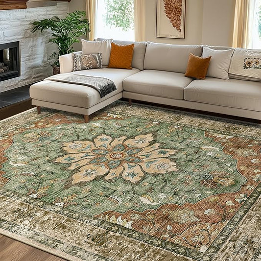 RELEANY Area Rugs 8'x10' Washable Non-Slip, Floral Vintage Distress Medallion Carpet for Living Room Bedroom Dining Room, Terracotta Burnt Orange Green