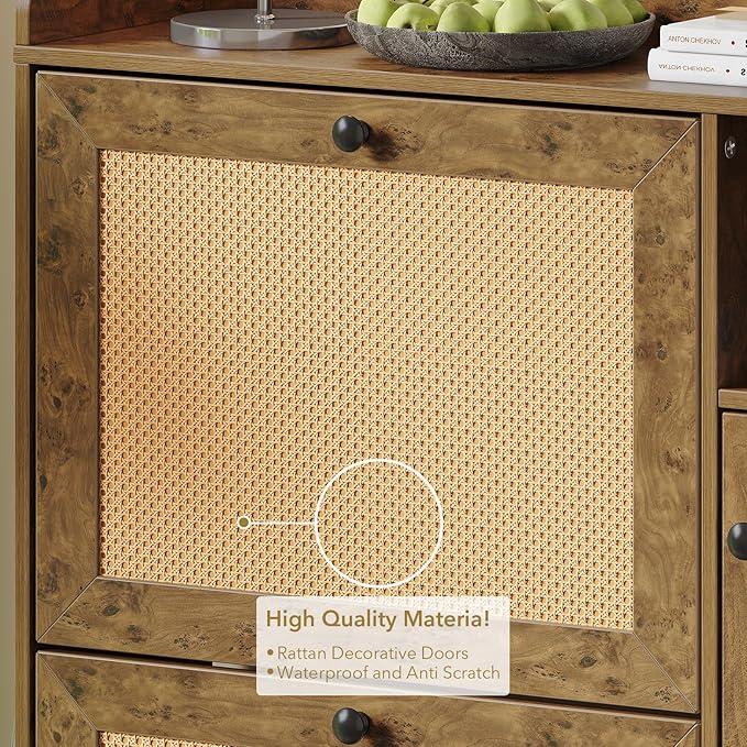 Rattan Wooden Shoe Cabinet, Freestanding 3-Flip Drawer Shoe Storage Organizer, Side Cabinet & Top Fence, Easy Assembly Shoe Rack for Entryway Hallway Living Room, Tree Pomegranate
