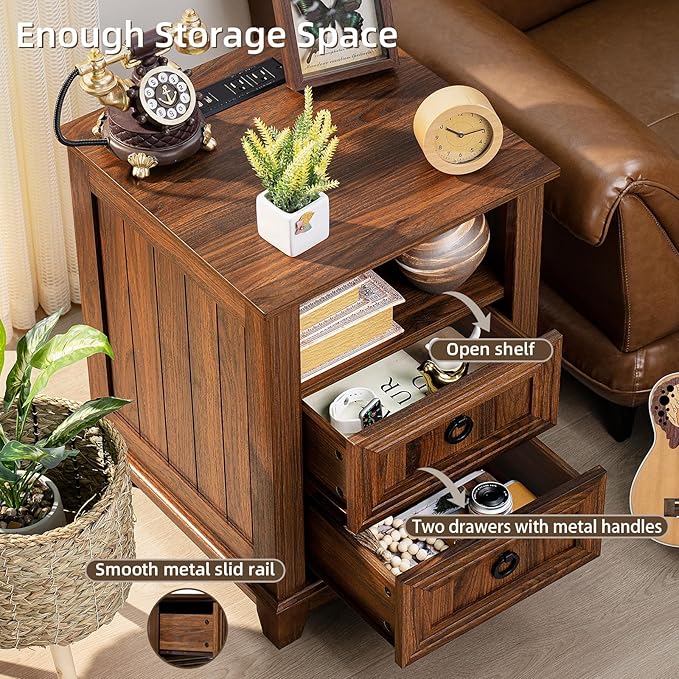 Farmhouse Coffee Table Set of 3, Furniture Set with Charging Station, Coffee Table with Hidden Storage Organizer and Nightsand 3-piece set, Country Center Table Set for Living Room,Office, Home