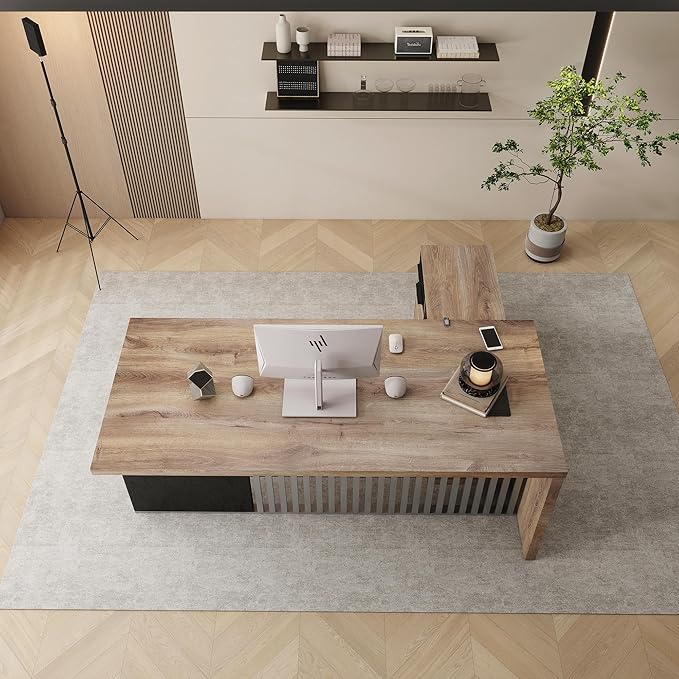 SAINTCY 70.87 L Shaped Executive Desk with Drawers, Modern Computer Writing Desk with File Cabinet, Business Furniture W/Stand Under Storage Organizer with Wheels,1.97IN Thick Desktop