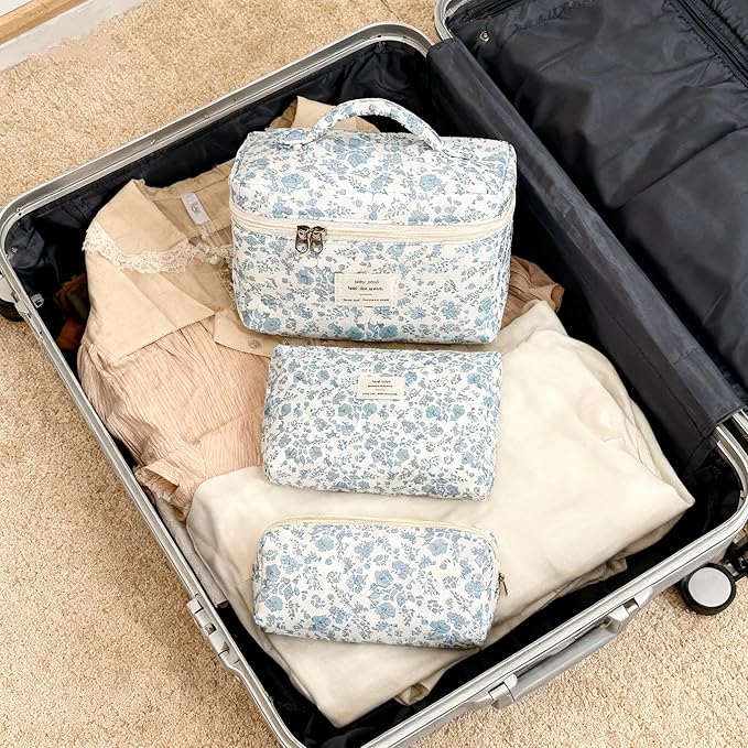 3PCS Makeup Bag,Quilted Cosmetic Bag,Large Floral Makeup Bag for Women,Cute Cotton Cosmetic Bag Set,Travel Toiletry Bag For Women(White blue)