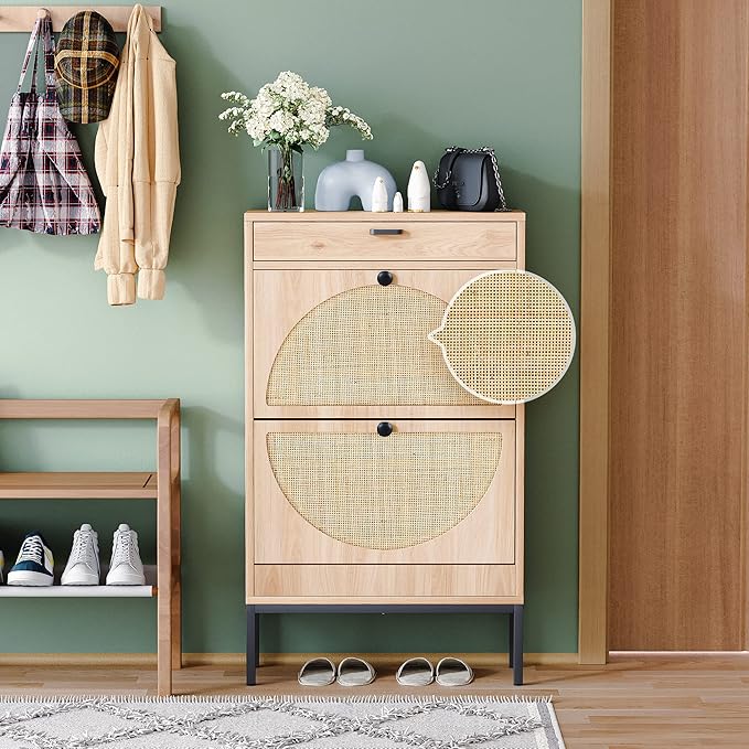 Yechen Shoe Rack Storage Organizer with 2 Natural Semi-Circular Rattan Doors, Entryway Wooden Shoe Cabinet for Sneakers, Leather Shoes, High Heels, Slippers (2 Piece, Oak)