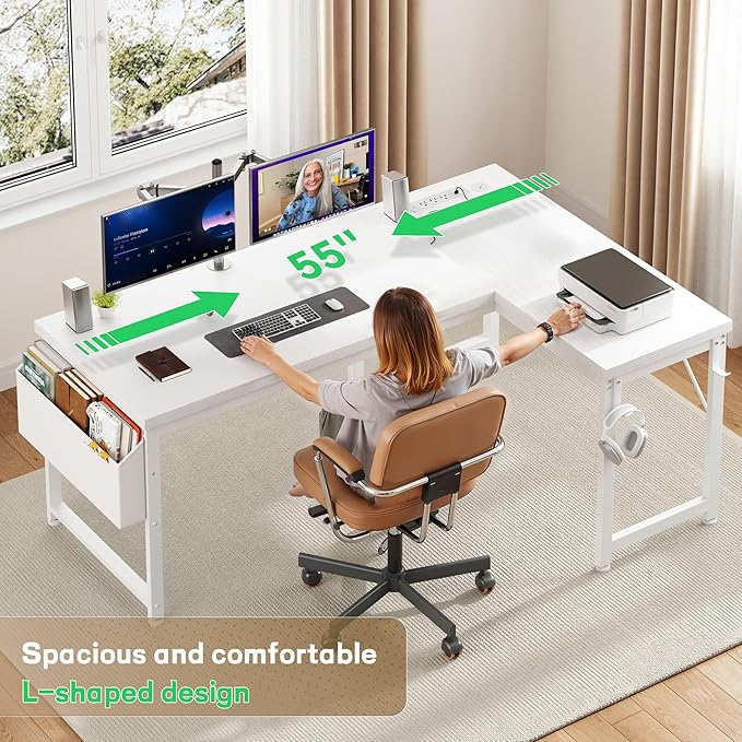 L Shaped Desk with 0.95 Inch Thicker Desktop & Storage Bag, Computer Desk with Power Outlets & Lights, Reversible Gaming Desk for Home Office, Corner Desk, Study Room, Living, Bedroom, White