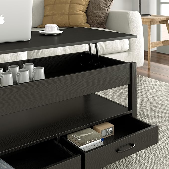 Panana Modern Coffee Table Lift Top Coffee Table with Drawers and Hidden Compartment, Tea Table with Wooden Lift Tabletop, for Living Room (Black)
