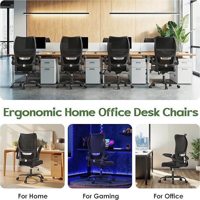 Office Chair Ergonomic Desk Chair - Comfy Mesh High Back Office Chair with Lumbar Support Wheel Home Desk Office Chairs Flip up Armrest Executive Rolling Swivel Task Computer Chair Black Silver