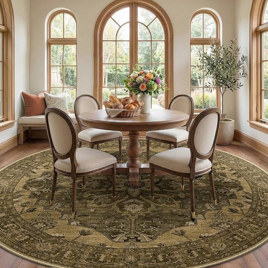 RELEANY Area Rugs Round 8ft Washable Non-Slip, Floral Vintage Distress Medallion Carpet for Living Room Bedroom Dining Room, Brown Dark Brown