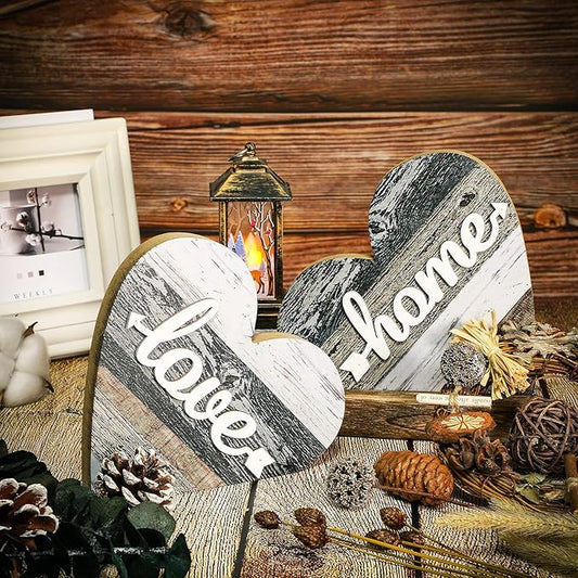 Jetec 2 Pcs Rustic Table Decorations for Living Room Home Decor Farmhouse Valentines Day Centerpiece Small Love Wooden Heart Decor for Dining Room Shelf Valentines Gift Decoration(Vintage Style)