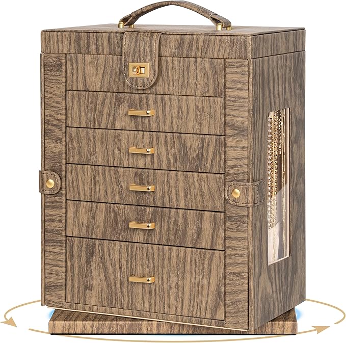 AKOZLIN 360° Rotating Jewelry Box Extra Large 6-Tier Organizer Functional Jewelry Storage Case for Women Girls Ring Necklace Earring Bracelet Holder with Mirror Color Wood Grain