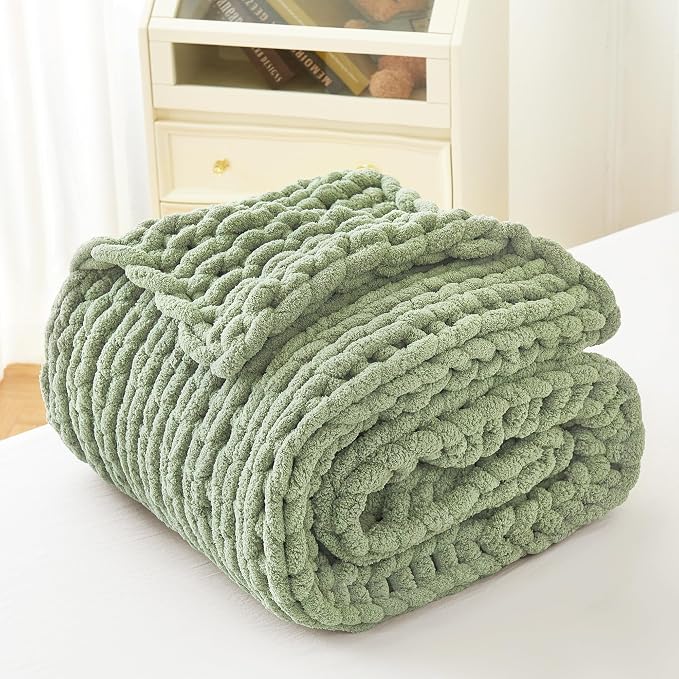 Admitrack Chunky Knit Blanket Throw, 100% Hand Knit Chenille Throw Blanket for Sofa & Home Decor, Soft and Cozy Knitted Throw Blankets (Sage Green,51"x63")