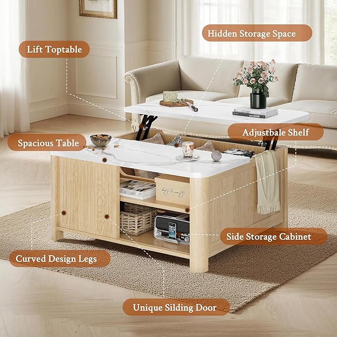 Lift Top Coffee Table with Storage, 31.5" Mid Century Modern Square Coffee Tables for Living Room, Large Hidden Storage Compartment, Adjustable Shelves & Sliding Door, Oak