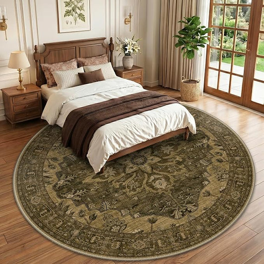 RELEANY Area Rugs Round 10ft Washable Non-Slip, Floral Vintage Distress Medallion Carpet for Living Room Bedroom Dining Room, Brown Dark Brown