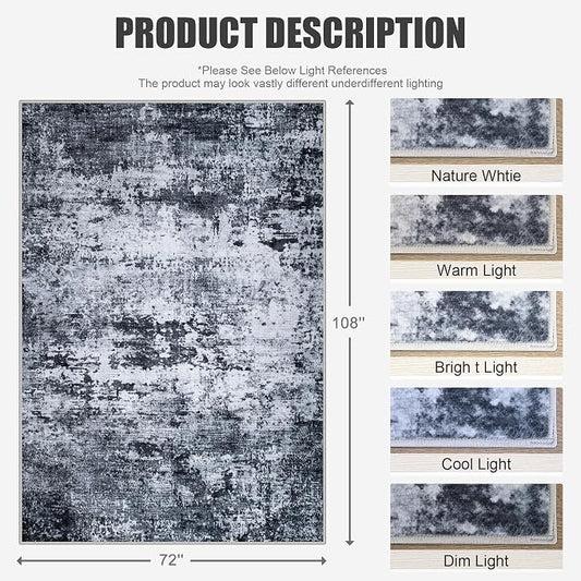 6x9 Area Rug Living Room Rug: Washable Modern Abstract Soft Thin Rug Indoor Floor No Slip Stain Resistant Carpet for Bedroom Dining Room Farmhouse Nursery Home Office - Black