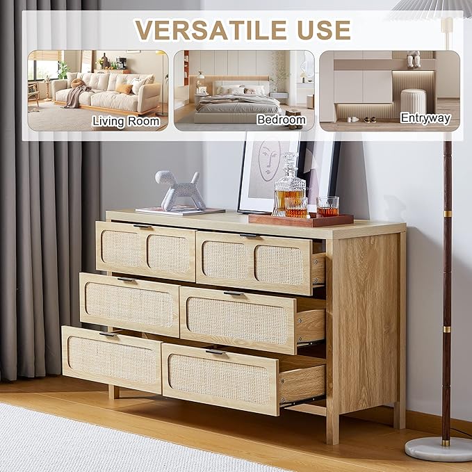 LEVNARY 6 Drawer Dresser for Bedroom, Rattan Dresser Drawer Organizer with Metal Handles, Accent Wood Chest of Drawers for Entryway, Closet, Living Room, Hallway, Nursery (Oak)