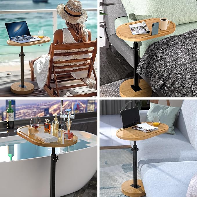 NiHome Bamboo Large Swivel TV Tray Table with Thickened Stable Non-Tipping Base, Adjustable Height Couch Table Tray, End Table, Bathtub Side Tray Table 360° Rotating for Hot Tub Bedside Sofa Balcony