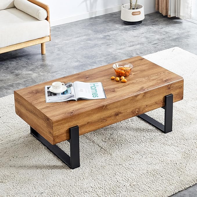 LKTART 47.24'' Modern Rectangle Coffee Table Black Metal Legs for Living Room Dining Room Bedroom Office