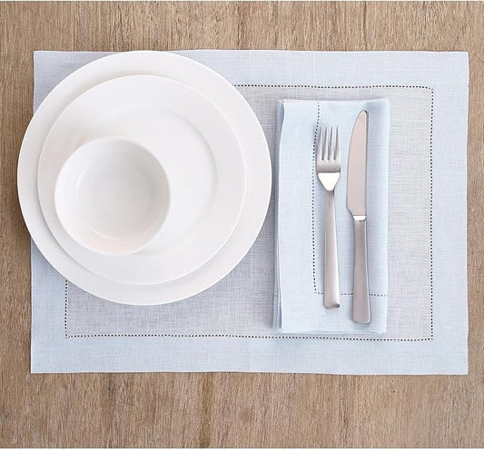 Solino Home Light Blue Linen Napkins Set of 4-100% Pure Linen Hemstitch Dinner Napkins 20 x 20 Inch for Winter, Spring, Easter - Classic Hemstitch