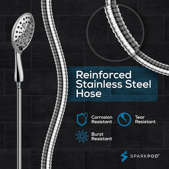 SparkPod 6 Spray Setting High Pressure Hand Held Shower Head - 6" Wide Angle Handheld Shower Head Set with Brass Swivel Ball Bracket and 70 Inch Long Hose - Luxury Design (Luxury Polished Chrome)