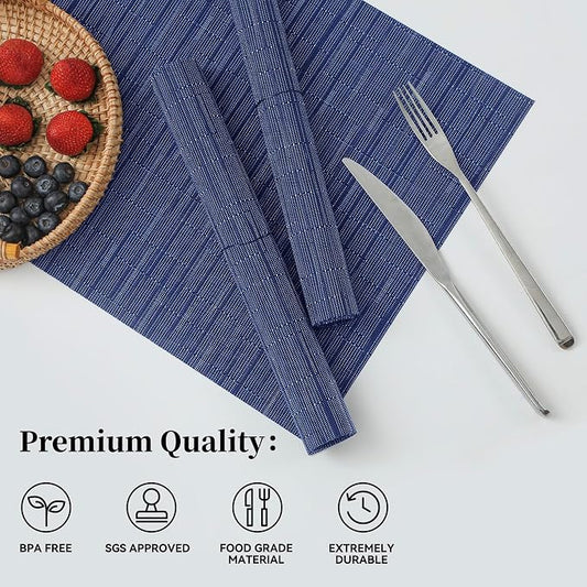 Leetaltree Blue Placemats Set of 8 - Heat Resistant Non-Slip Place mats for Dining Table, Washable Durable PVC Vinyl Woven Table Mats(Blue, 8)