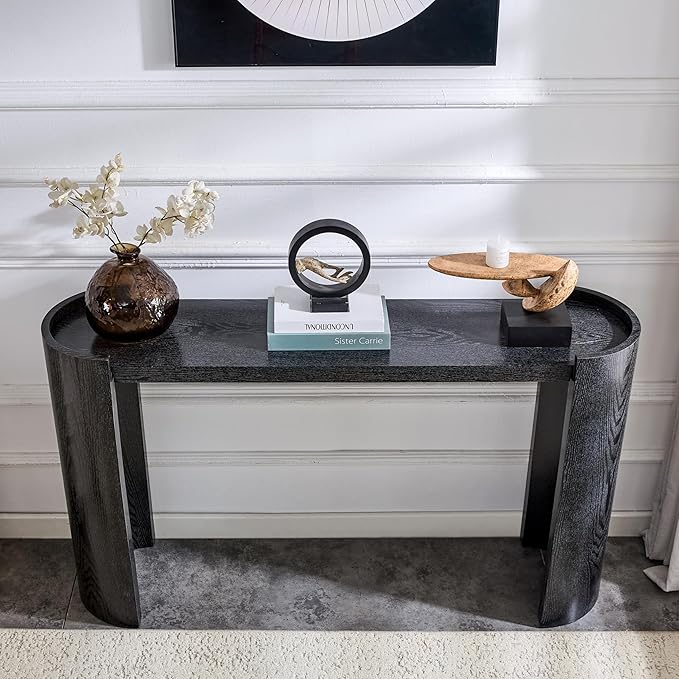 53" Console Table for Entryway, Narrow Sofa Entrance Table with Faux Mars Marble Pattern, Modern Sofa Tables with Round Raised Edge Design for Living Room, Hallway, Foyer, Home Office, Black