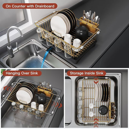 JASIWAY Gold Dish Drying Rack in Sink, Expandable Stainless Steel Dish Drainers with Drainboard for Kitchen Counter, Space Saving Dish Dryer Rack, Over The Sink Dish Racks with Utensil Holder