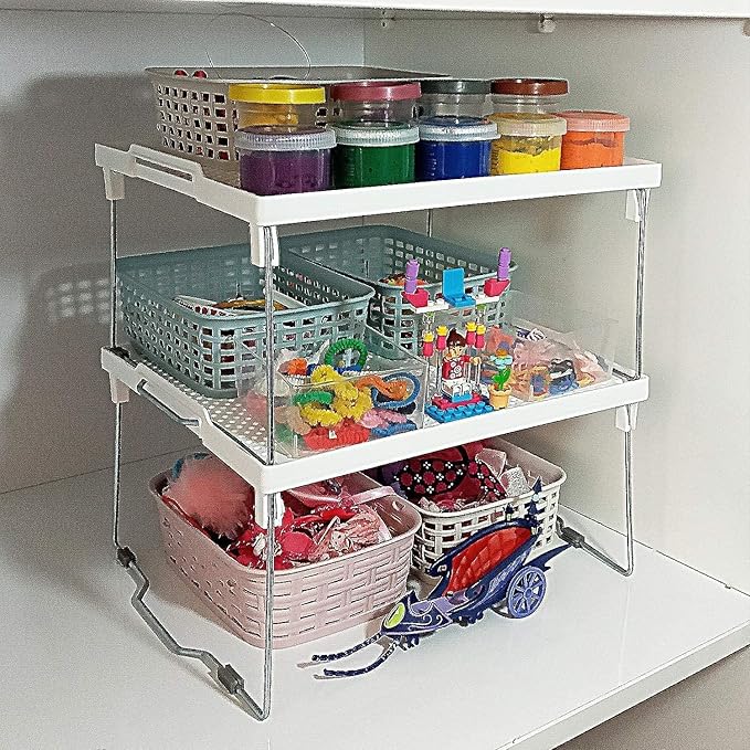 ums Kitchen Shelves Cabinet Organizer, Stackable Freezer Rack, Cupboard Box Organizer, Shelf Riser, Usable Storage Rack for Spice, Fridge Shelf Riser, (12x11 inch), Pack of 2