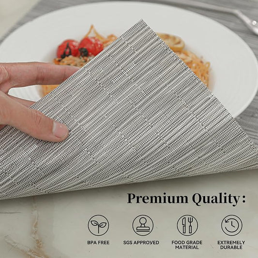 Leetaltree Silver Placemats Set of 4 - Heat Resistant Non-Slip Place mats for Dining Table, Washable Durable PVC Vinyl Woven Table Mats(Silver, 4)
