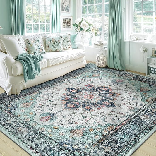 RELEANY Area Rugs 6'x9' Washable Non-Slip, Floral Vintage Distress Medallion Carpet for Living Room Bedroom Dining Room, Green Navy Blue White Red Teal
