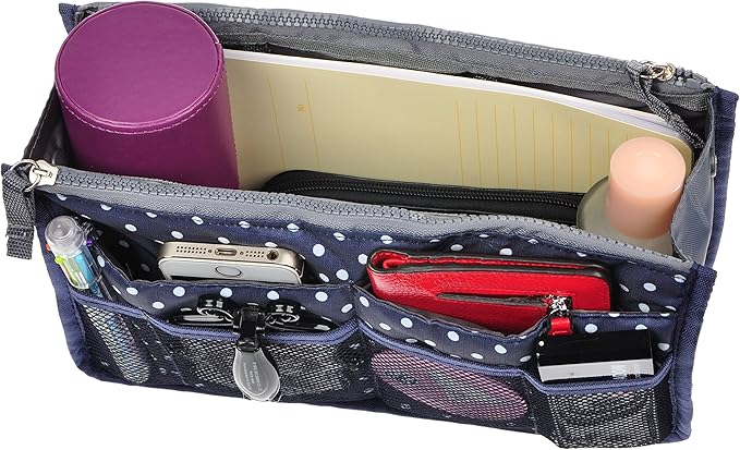 Vercord Purse Organizer Insert for Handbags Bag Organizers Inside Tote Pocketbook Women Nurse Nylon 13 Pockets Navy Blue Dot Medium
