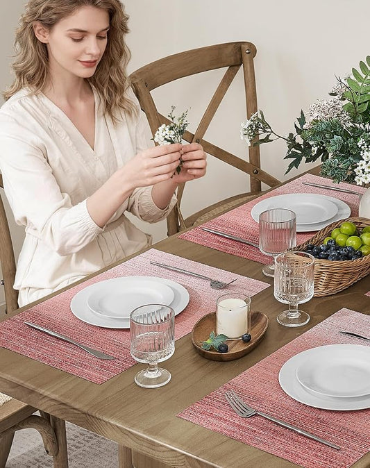 Leetaltree Gradient Pink Woven Placemats Set of 8 - Heat Resistant Non-Slip Place mats for Dining Table, Washable Durable PVC Vinyl Woven Table Mats(Gradient Pink, 8)