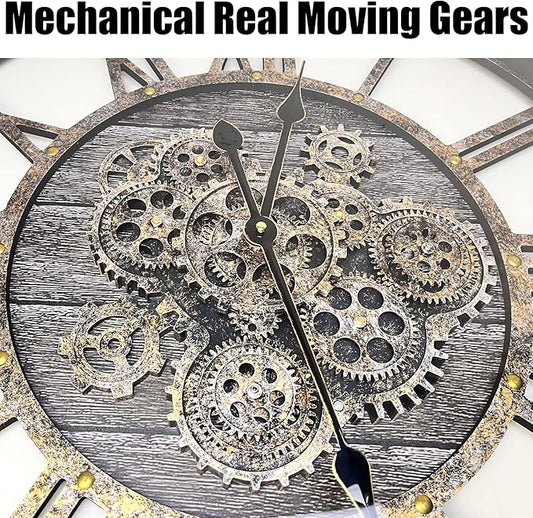 DORBOKER 36" Extra Large Wall Clock with Moving Gears, Oversized Giant Industrial Steampunk Rustic Clocks for Wall Decor Living Room Home Office, Solid Wood Retro Metal,Carbon Grey