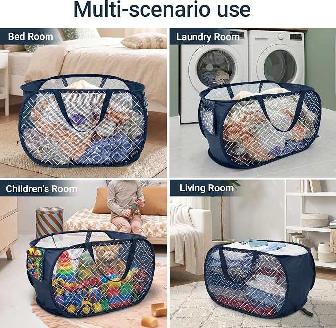 Collapsible Laundry Baskets with Side Pocket, Sturdy Pop Up Foldable Laundry Hamper with Reinforced Handles, Easy to Carry Clothes Hamper for Bathroom, Bedroom, Dorm, Travel -Prism Print, Navy Blue