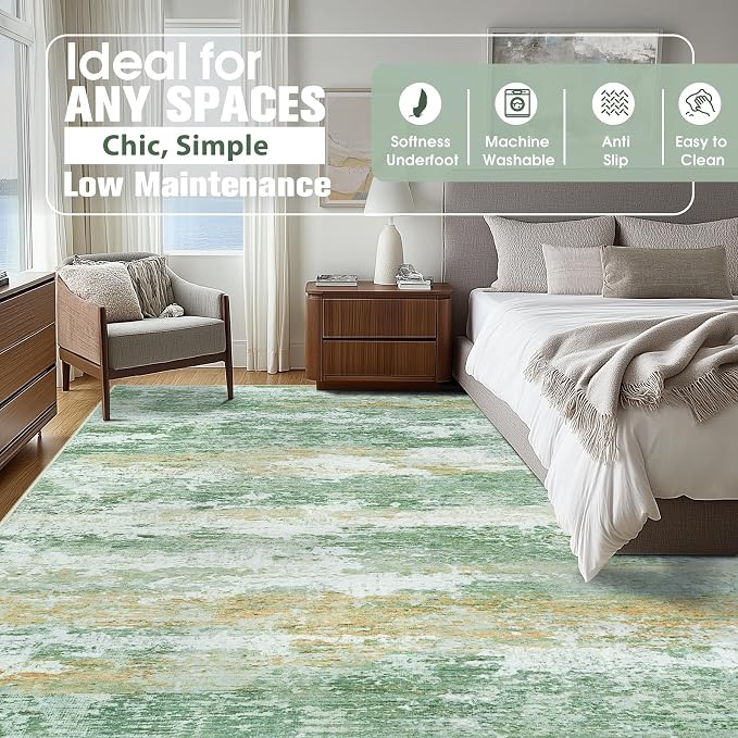 9x12 Area Rugs for Living Room Rug Washable: Abstract Large Rug for Dining Room Bedroom Carpet Non Slip 9 by 12 Indoor Modern Nursery Home Office Green