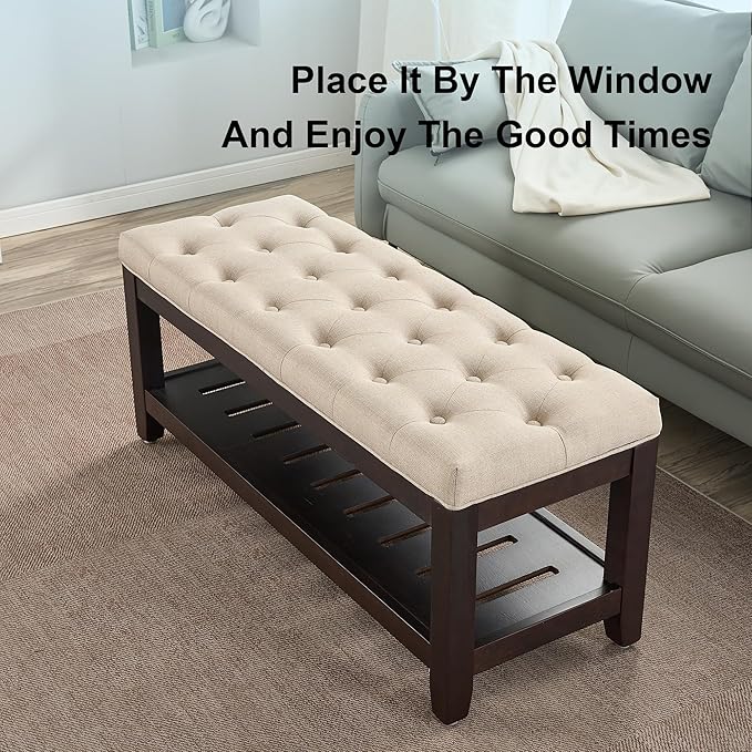 44" Ottoman Bench, Upholstered End of Bed Bench, Oversized Footrest with Wood Shelf torage Storage Bench for Bedroom, Entryway, Living Room, Light Brown