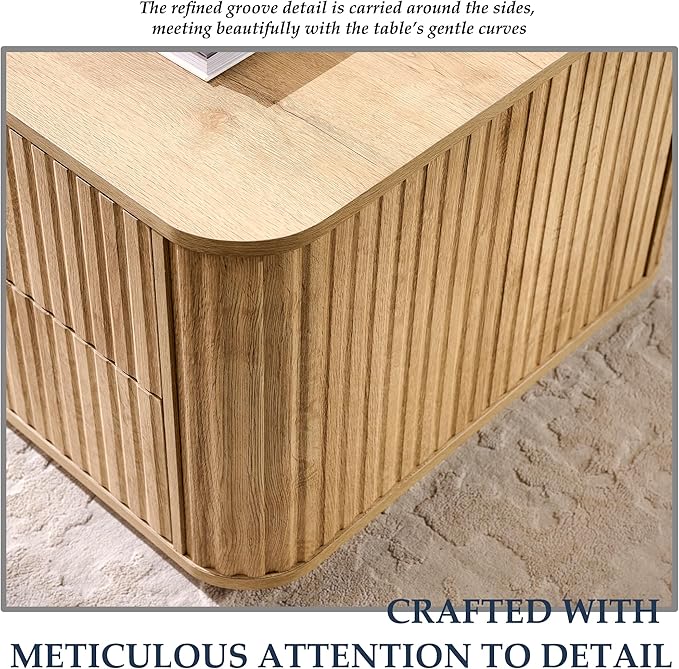 JXQTLINGMU Large Coffee Table with Storage, 51" Modern Fluted Coffee Table with 4 Drawers, Rectangle Wood Center Table for Living Room (Natural Oak)