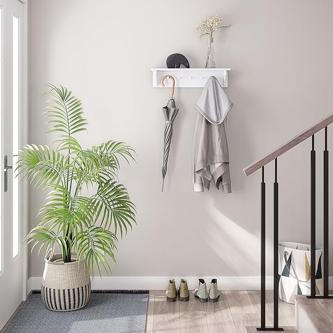 Ballucci Floating Coat and Hat Wall Shelf Rack, 5 Pegs Hook, 24", White