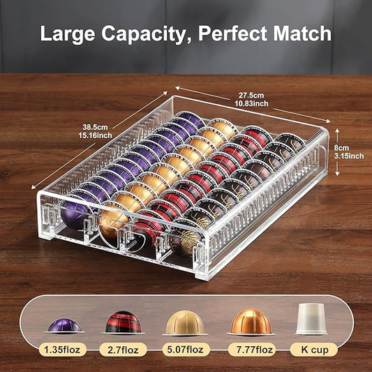 Coffee Pod Drawer Organizer for Nespresso Vertuo Pods,Acrylic Coffee Pod Holder Holds 40 Large or 60 Small Capsules or 28 K-Cups,Pull-Out Drawer with Anti-Slip Base for Home & Coffee Station,Crystal