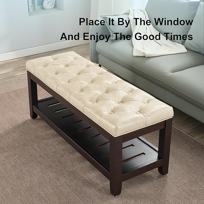 44" Ottoman Bench, Upholstered End of Bed Bench, Oversized Footrest with Wood Shelf torage Storage Bench for Bedroom, Entryway, Living Room, Beige(PU)