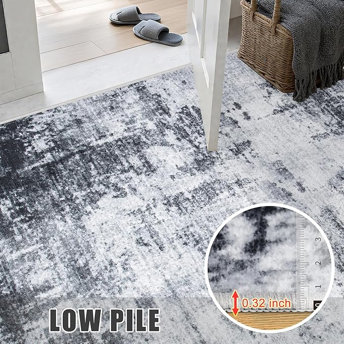 Washable Area Rug 3x10 Entryway Rug: Washable Modern Abstract Soft Thin Rug Indoor Floor No Slip Stain Resistant Carpet for Bedroom Dining Room Farmhouse Nursery Home Office - Dark Black