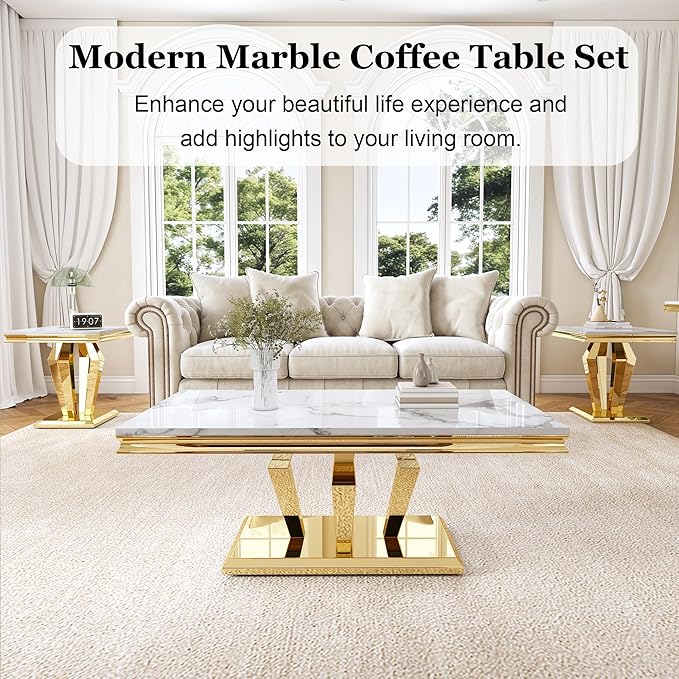 Living Room Coffee Table Set of 3, Modern Marble Coffee Table and 2 End Side Tables, 3-Piece Living Room Table Set with Stainless Steel Base for Living Room (Gold,White)