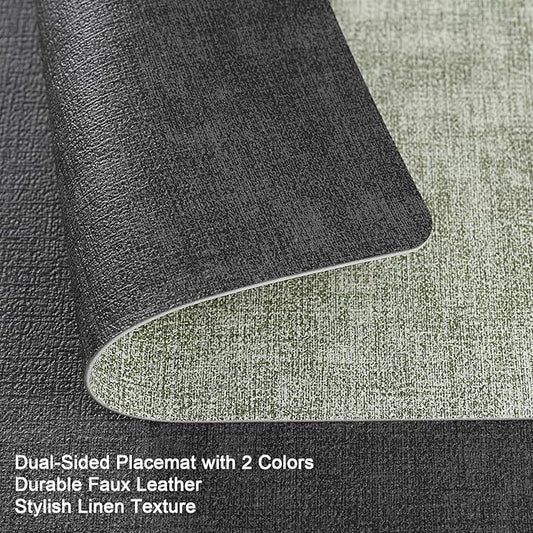 Myir JUN Placemats Dual Sided, Faux Leather Place Mats Set of 8 Indoor Placemats for Dining Table Non-Slip Washable Placemats Heat Resistant Outdoor Table Mats (Set of 8, Gray Grass Green)