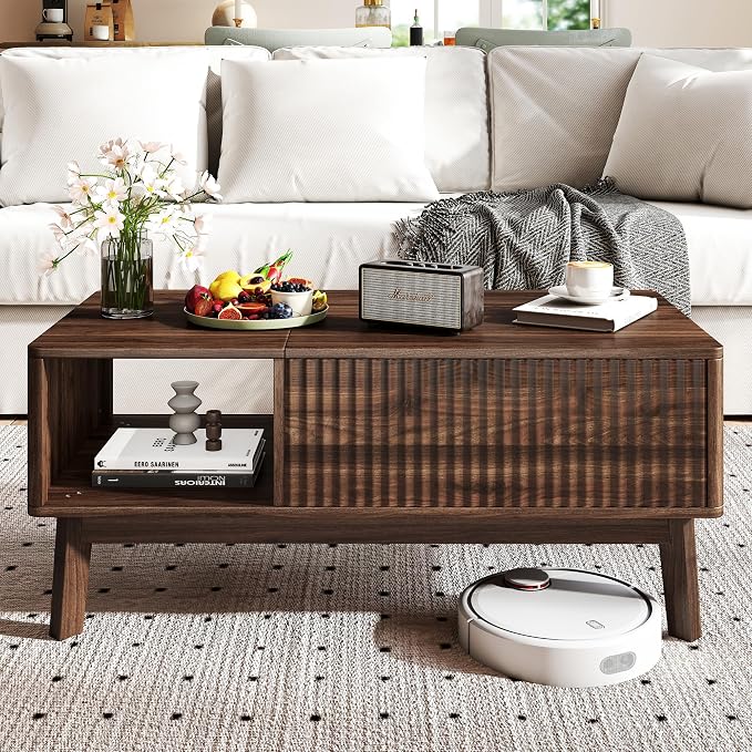 Fluted Lift Top Coffee Table with Storage Shelf and Hidden Compartment, Mid Century Modern Wooden Center Table for Living Room, Home Office, Walnut