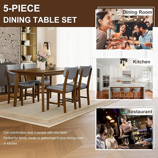 5-Piece Wooden Dining Set Mid-Century Modern Dinner Table and 4 Upholstered Chairs Rectangular Table with Chairs Set Rubberwood Legs Linen Padded Seat & Backrest for Dining Room Kitchen Apartment