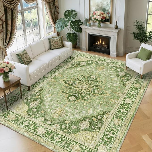 RELEANY Area Rugs Large 9'x12' Washable Non-Slip, Floral Vintage Distress Medallion Carpet for Living Room Bedroom Dining Room, Sage Green Yellow