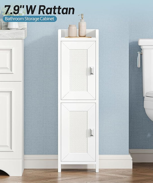 Akxomel Rattan Small Bathroom Cabinet with 2 Doors, 7.9''D x 7.9''W Narrow Toilet Paper Storage Cabinet, Bathroom Organizer for Small Spaces, Slim Corner Unit with Adjustable Shelf, White Rattan