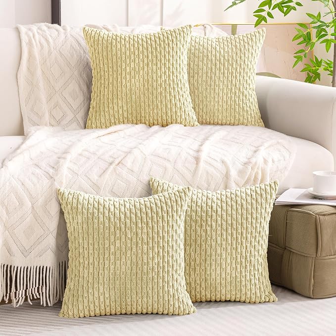 Set of 4 Pale Yellow Decorative Throw Pillow Covers 18x18 Inch Corduroy Pillow Covers for Bed Couch Sofa Living Room Soft Square Cushion Cases