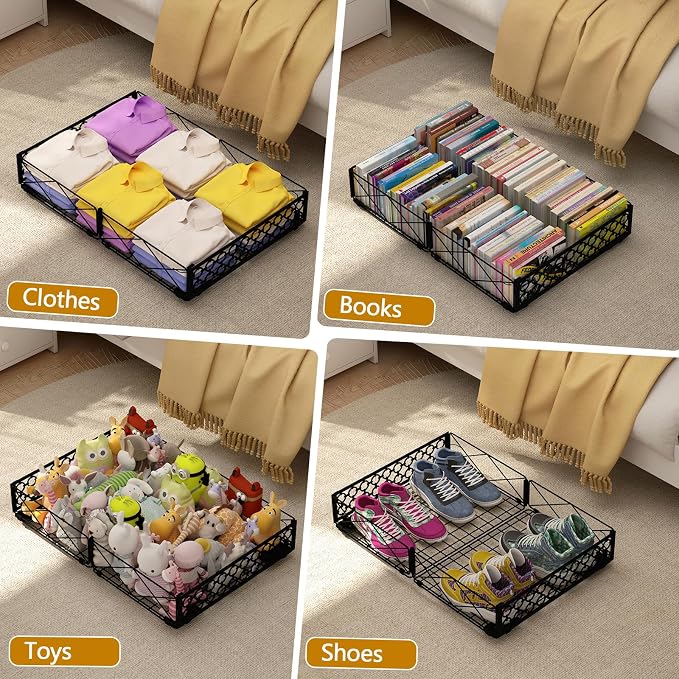 NADAMOO Under Bed Storage with Wheels, 2 Pack Rolling Under Bed Storage Containers,Foldable Metal Under the Bed Organizer Bins for Bedroom Clothes Shoes Blankets