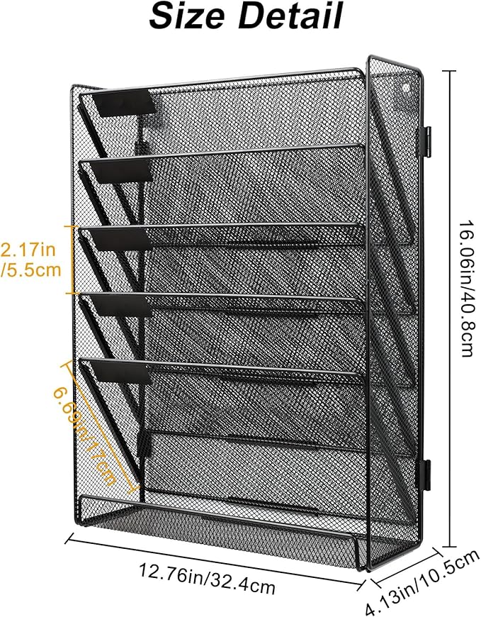 EasyPAG Wall File Holder Organizer 6 Tier Mesh Hanging Wall Mounted Document Paper Folder Filing Magazine Rack with Nametag Label for Office Home School, Black